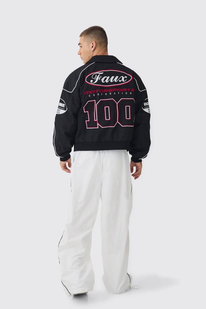 Boxy Badge Twill Moto-Jack in Zwart | Black | Size Medium