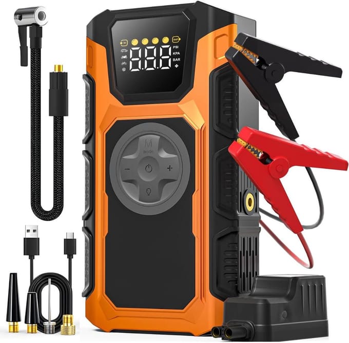 CLGP® Jumpstarter met Compressor - Startkabels - Starthulp voor Auto - Accubooster - Oranje en Zwart