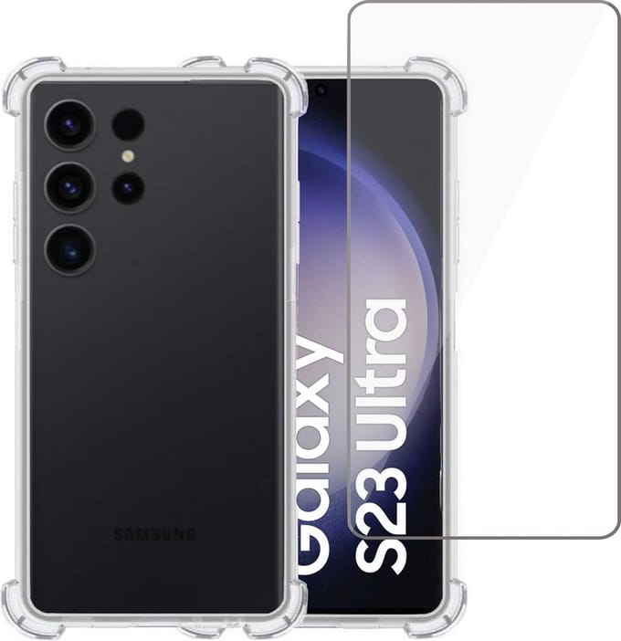 Hoesje geschikt voor Samsung S23 Ultra + Screenprotector – Tempered Glass - Extreme Shock Case Transparant