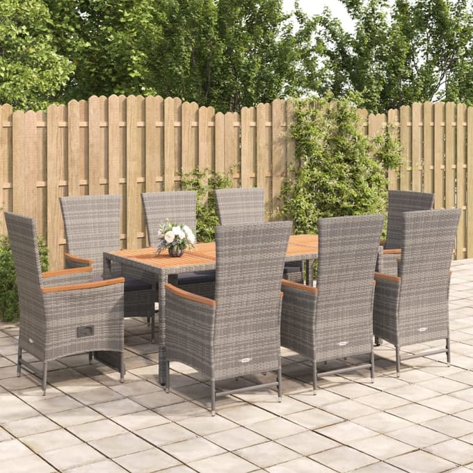 vidaXL - 9-delige - Tuinset - met - kussens - poly - rattan - grijs
