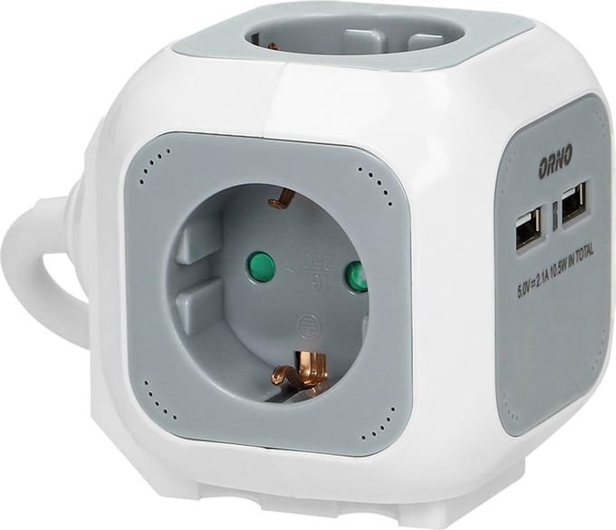 PowerCube Stekkerdoos - Verdeelstekker met 2x USB A - Stekkerblok 6-voudig - Verdeeldoos Met houder - 1.4 meter kabel - Wit/Grijs