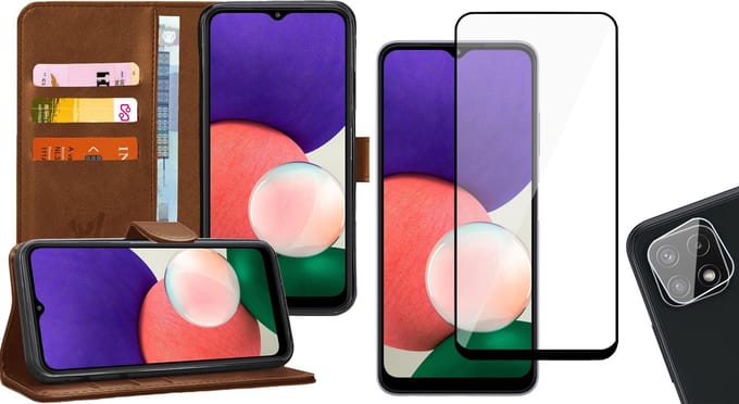 Hoesje geschikt voor Samsung Galaxy A22 5G - Bookcase Bruin - Full Screenprotector - Camera Screen Protector - Portemonnee Hoesje