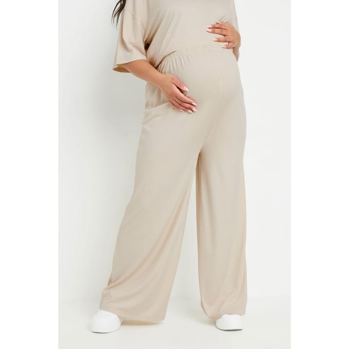 Bump It Up Maternity Geribbelde Premium Broek Met Wijde Pijpen In Crème Size 52