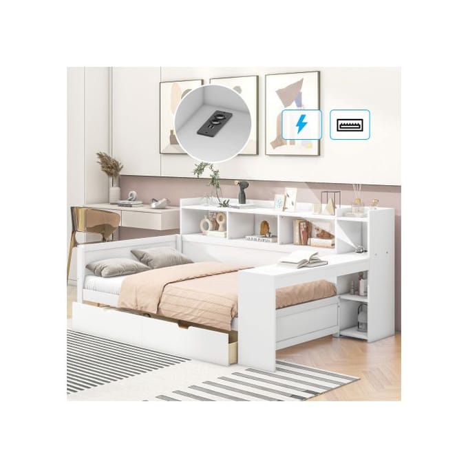 Slaapbank - MUVOE - 90 x 200 cm - Wit - USB-poort - 2 opberglades wit
