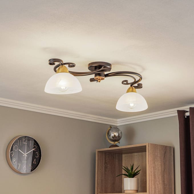 Luminex Plafondlamp Flora, 2 glazen kappen, zwart/messing