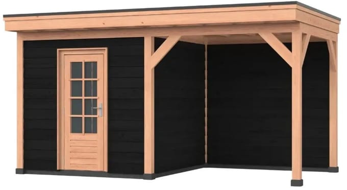 Douglas overkapping, 500 x 300, Met achterwand en schuur, Westwood Comfort Basic zwart