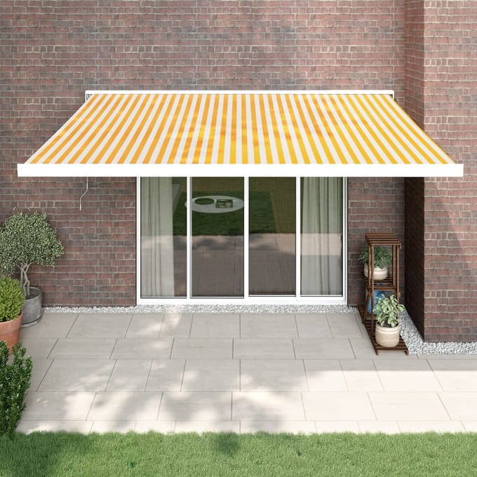 vidaXL - Uitschuifbare - luifel - Geel - en - Wit - met - Witte - Frame - 4,5 - × - 3 - m