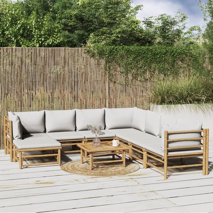 vidaXL - 9-delige - Loungeset - met - kussens - bamboe - lichtgrijs
