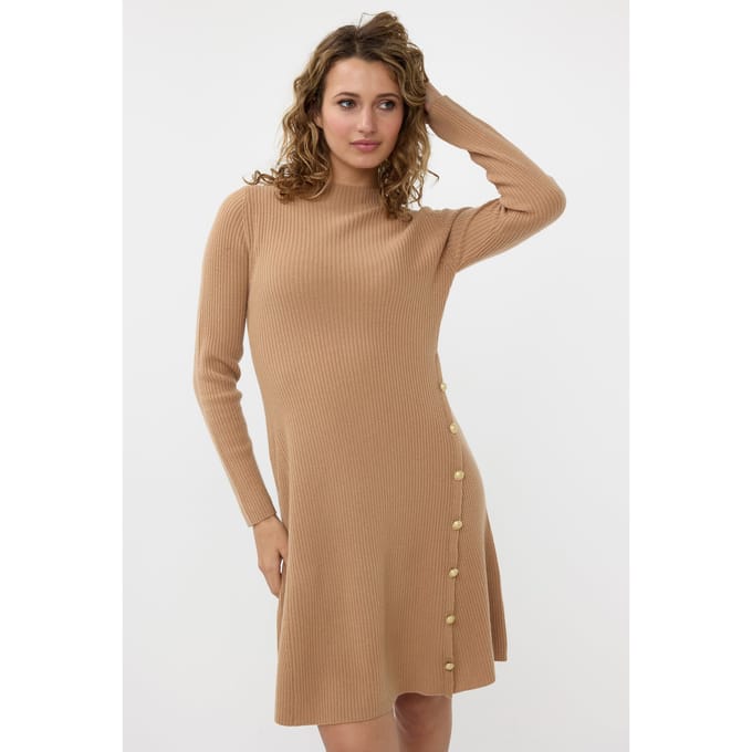 EsQualo Dress Rib Buttons Brandy Maat: S | Mini Jurken Outlet | Dames | Beige