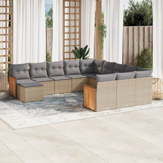 vidaXL - 12-delige - Loungeset - met - kussens - poly - rattan - beige