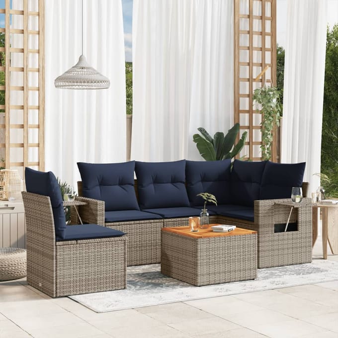 vidaXL - 6-delige - tuinbankset - met - kussens, - grijs - polyrotan