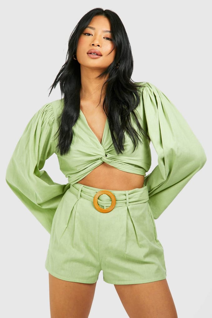 boohoo Dames Petite Linen Look Belted Short | Verstandig | Maat: 42