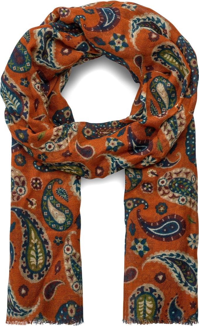 Virtuo | Mandarijnkleurige wollen sjaal met paisleymotief