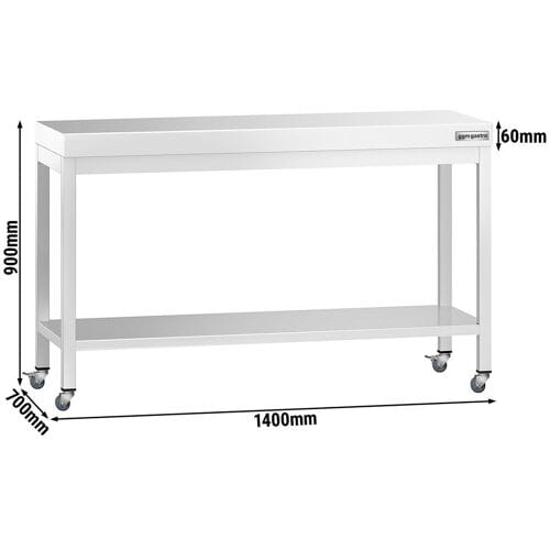 GGM Gastro Edelstahl Arbeitstisch PREMIUM - 1400x700mm - mit Grundboden & Rollen
