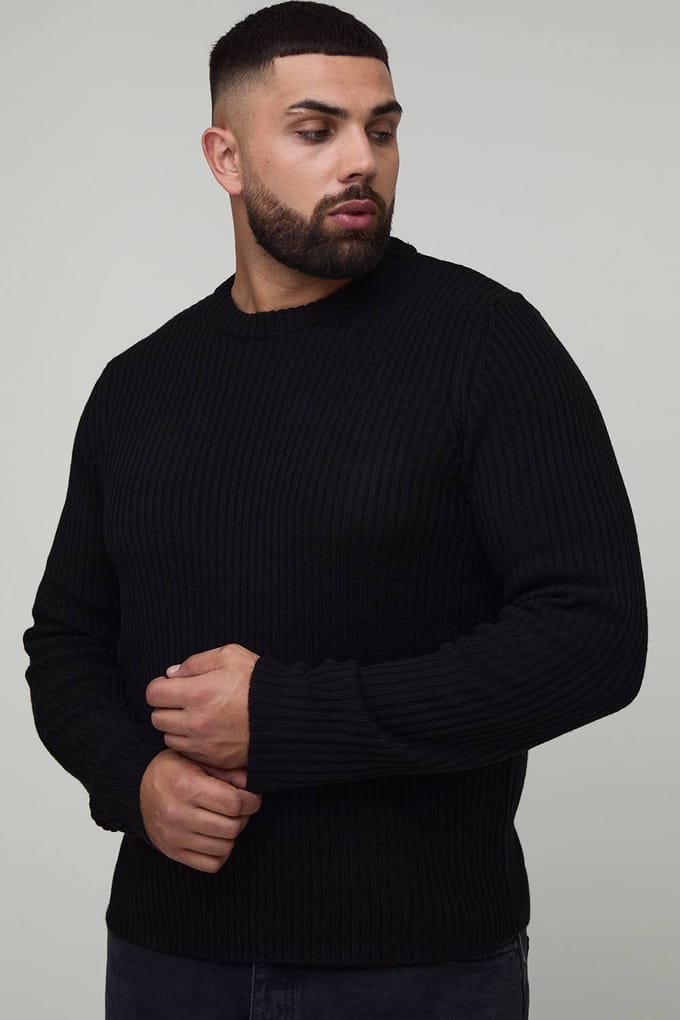 Plus Basic Regular Fit Geribde Gebreide Trui | Black | Size 2XL