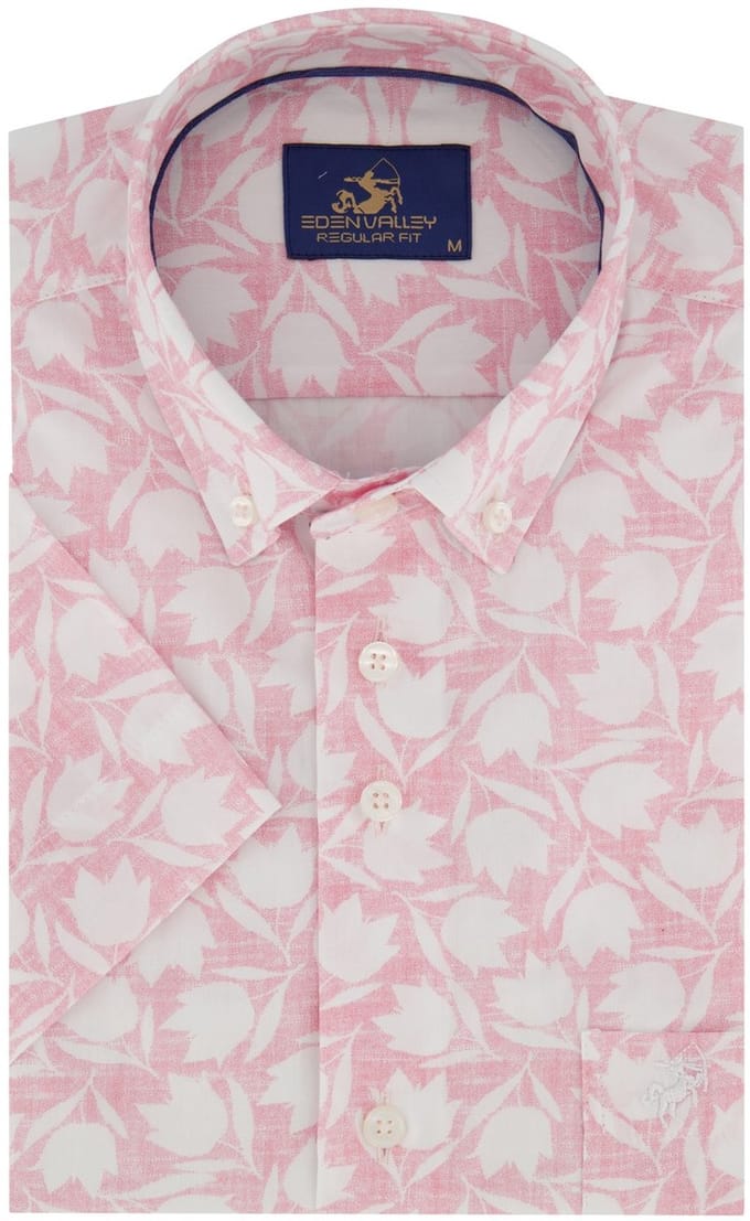 Overhemd geprint roze eden vally korte mouw met borstzak