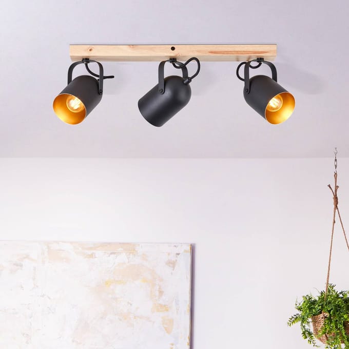 Brilliant Tronte plafondspot, lengte 57,5 cm, zwart/goud, 3-lamps.