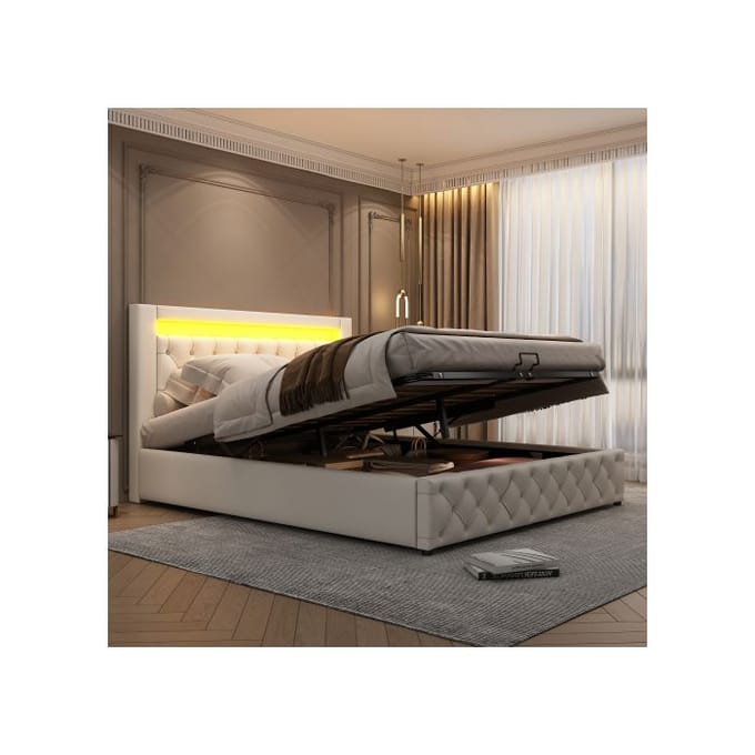 Lit rembourré - MUVOE - 140 x 200 cm - Éclairage LED - Rangement intégré - Blanc blanc