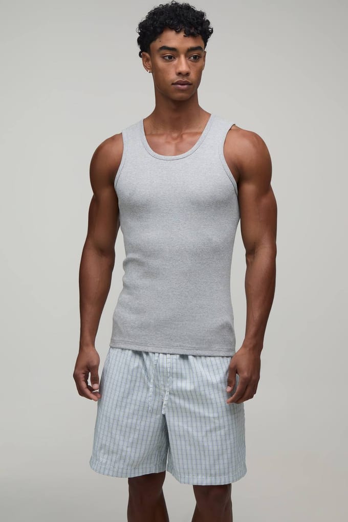 Geribbeld Muscle Fit Hemd & Ruime Lounge Short Set | Grey Marl | Size Medium