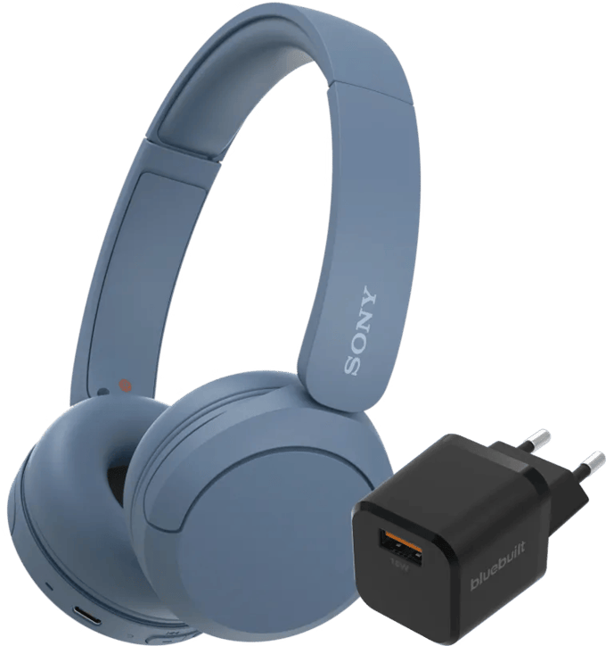 Sony WH-CH520 Blauw + BlueBuilt Quick Charge Oplader met Usb A Poort 18W Zwart