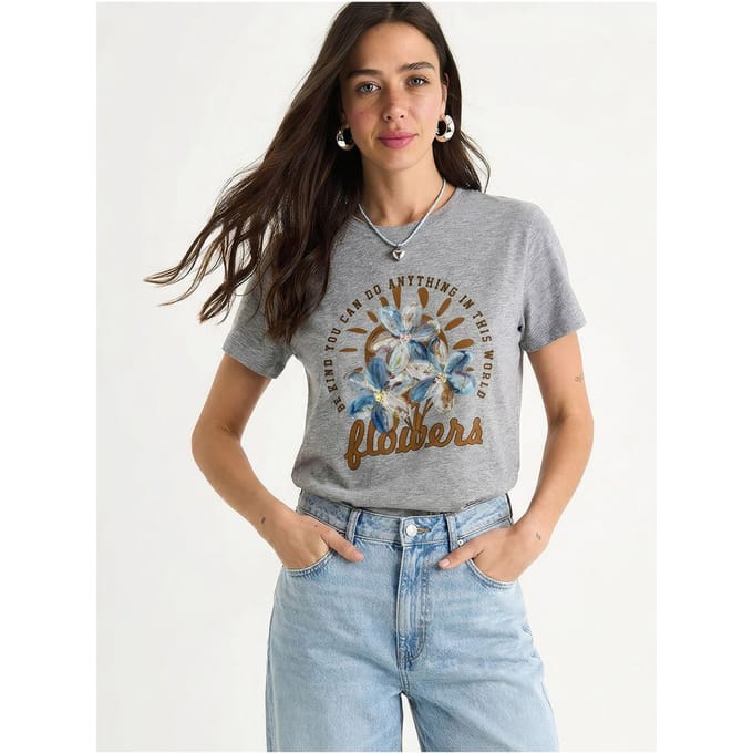 Bloemige Gebreide T-shirt met Ronde Hals