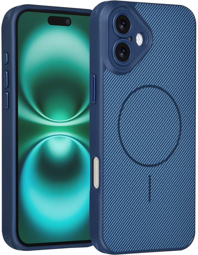TUNIQ Back cover voor iPhone 16 Plus - MagSafe - Carbon Fiber - Antishock - Blauw