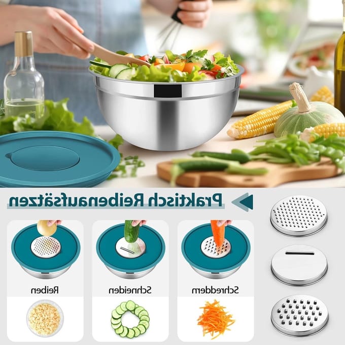 Set van 3 RVS Mengkommen met Rasppop Accessoires voor Koken en Bakken (Blauw)