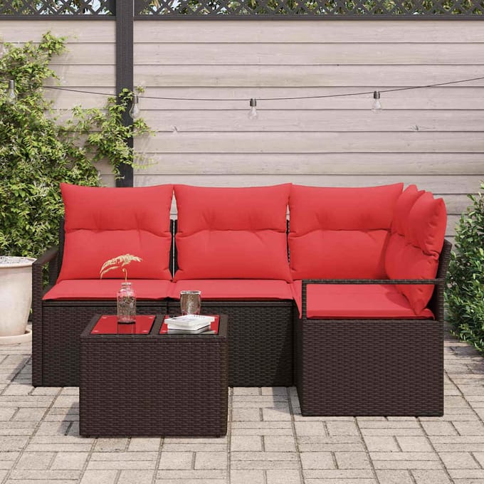 vidaXL - Tuinbank - Set - 5 - st - Bruin - en - Rood - poly - rattan