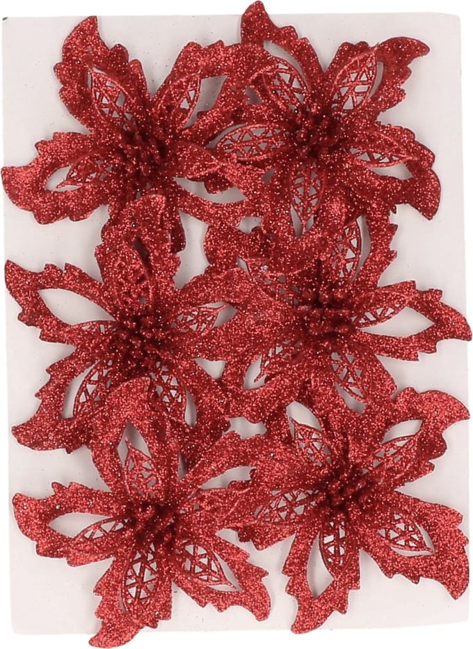Cosy & Trendy Kerstboom bloemen op clip - 6x st - rood -glitter - 8 cm - polyester - roos