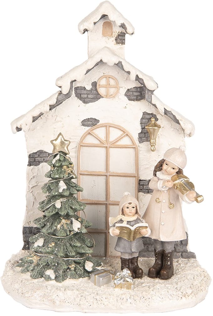 Clayre & Eef Kerstdecoratie met LED-verlichting Huis 16x9x21 cm Beige Kunststof