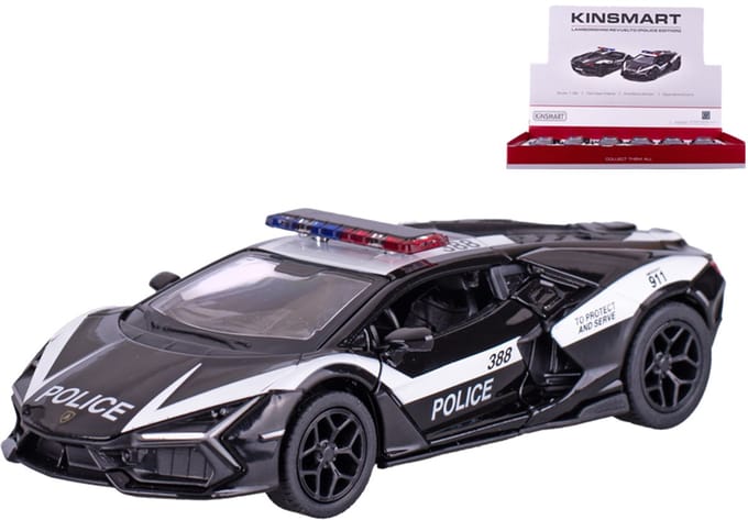 Kinsmart Lamborghini Revuelto Police Politieauto pullback motor lengte 12.5 cm 1:38