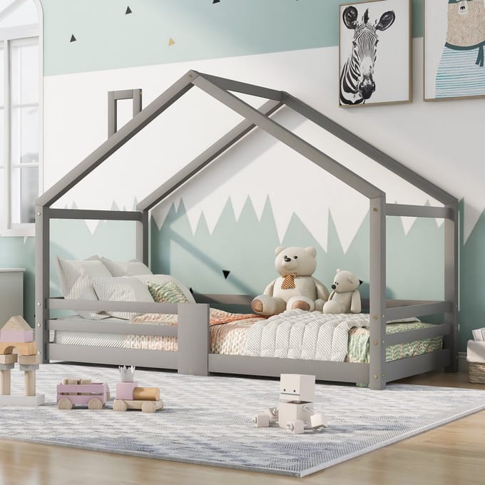 REDOM Kinderbed 90x200 cm van massief grenenhout – Huisvorm met veiligheidshek – Grijs