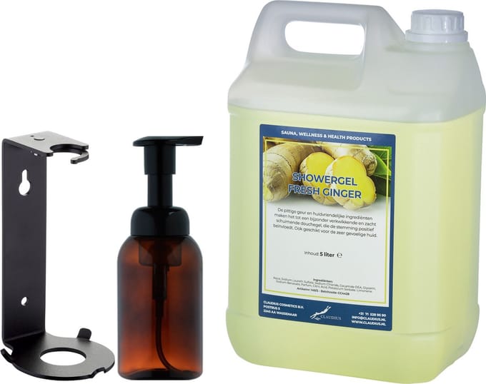 Zeepdispenser 300 ml amber bruin hervulbaar + 5 liter Showergel Fresh Ginger navulling (inclusief beugel)