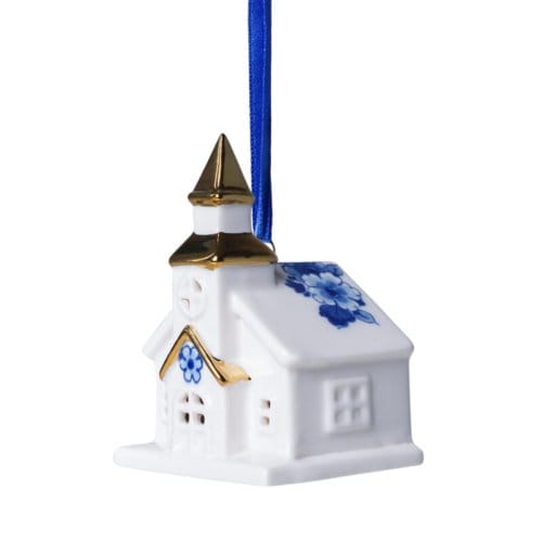 Heinen delfts blauw kerstornament - kerk, 8 cm