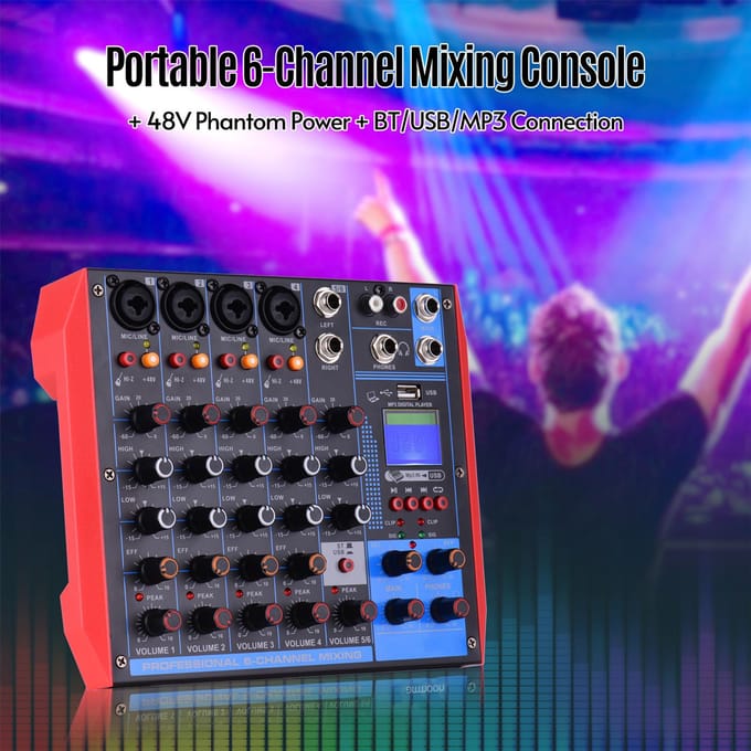 AG6 Draagbare 6-kanaals mengtafel Digitale audiomixer +48V Fantoomvoeding Ondersteunt BT/USB/MP3 EU Plug purple