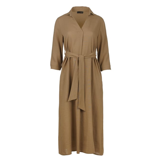 Beige linnen stijl midi jurk met ceintuur