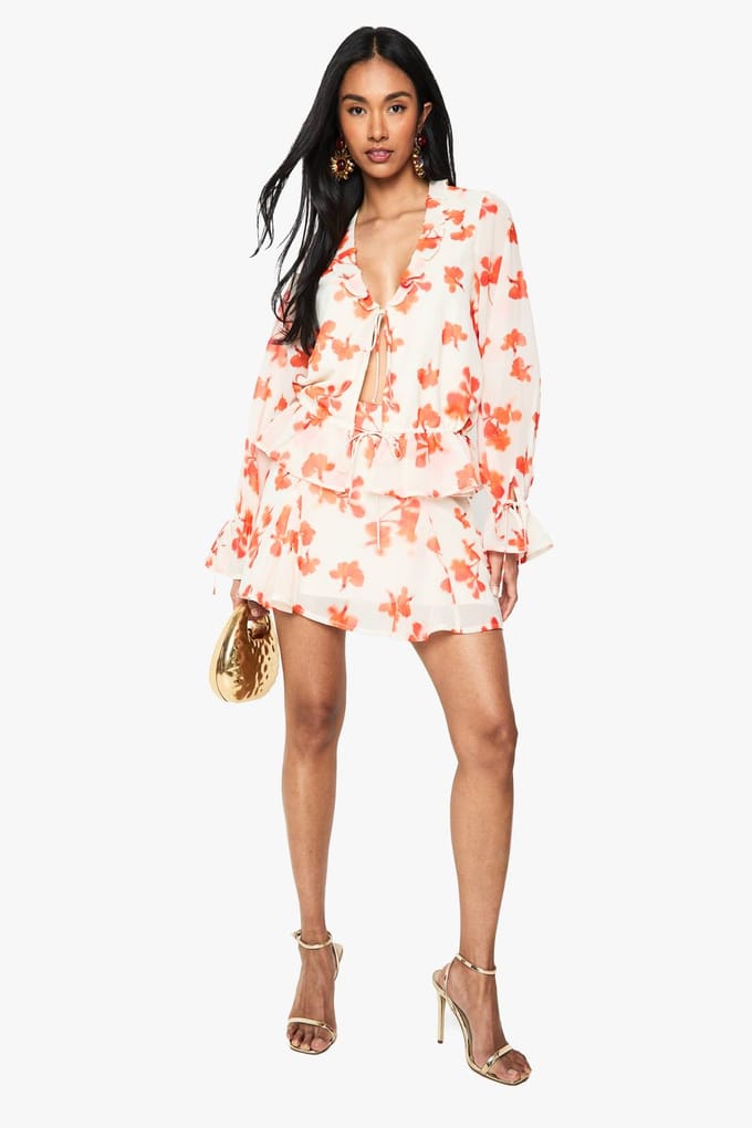 boohoo Dames Floral Chiffon Godet Mini-Rok | White | Maat: 8
