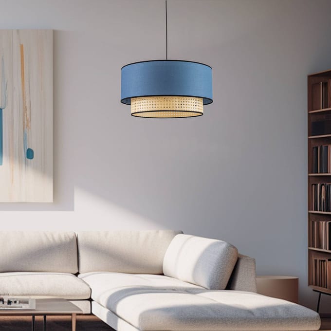 Duolla Boho-hanglamp, blauw/hout, Ø 45 cm, textiel/rotan
