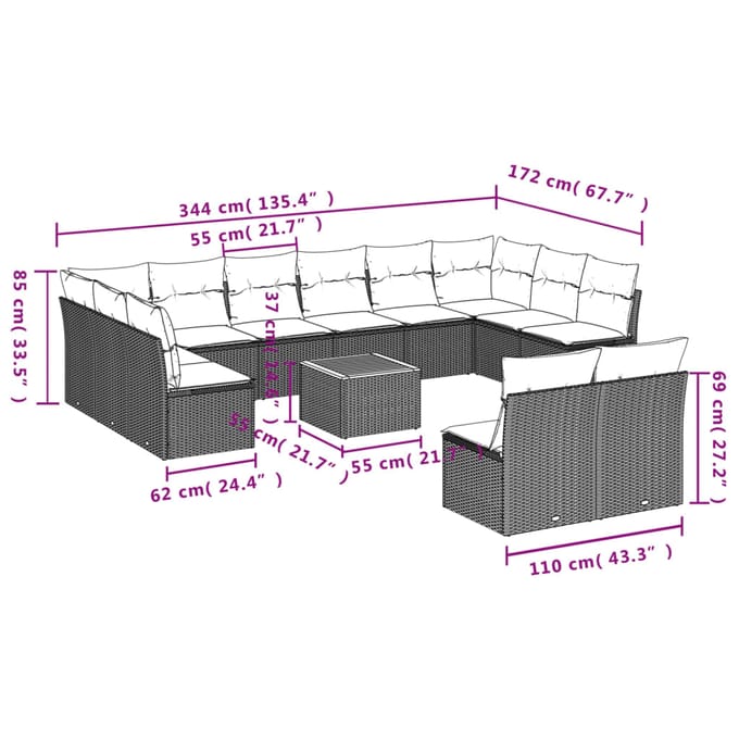 vidaXL - 13-delige - Loungeset - met - kussens - poly - rattan - grijs