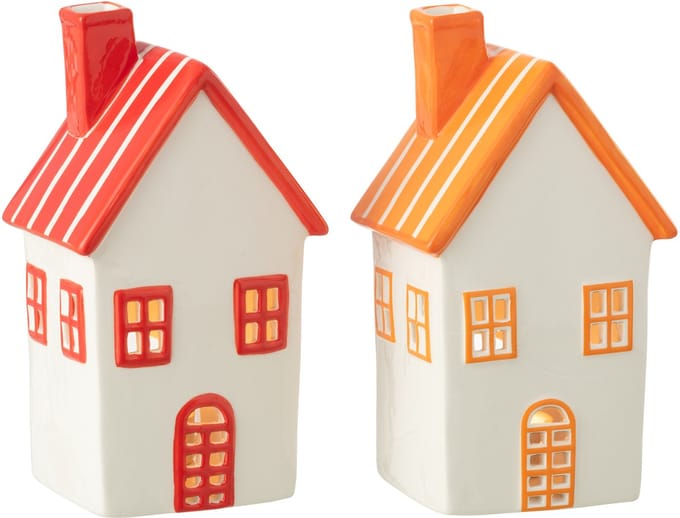 J-Line theelichthouder Huis Dolomiet - keramiek - oranje/rood - 2 stuks