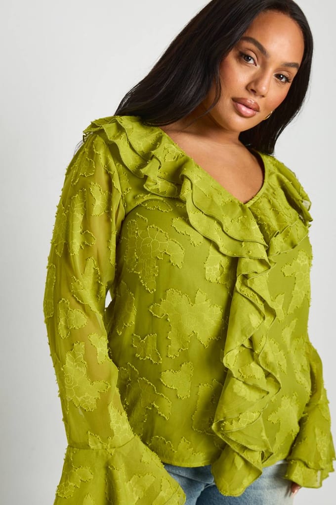 boohoo Dames Plus Ruche Burnout Blouse | Olijf | Maat: 46