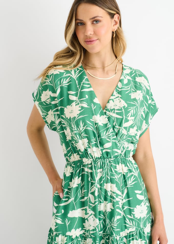 Groene maxi-jurk met bloemenprint en elastische tailleband