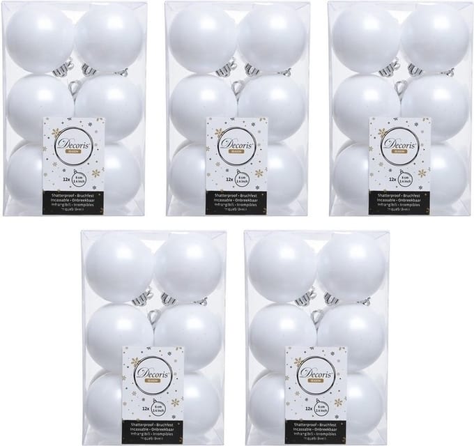 Decoris kerstballen - 60x st - wit - 6 cm - kunststof - mat en glans - kerstversiering