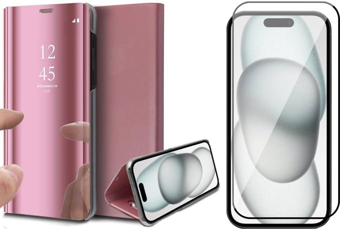 Hoesje geschikt voor iPhone 15 - Screen Protector FullGuard - Book Case Spiegel Roségoud & Screenprotector