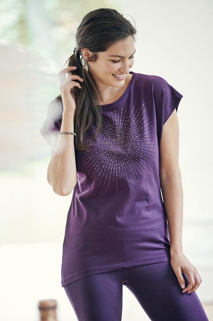Yoga-T-Shirt Batwing „sunray“ - berry/copper