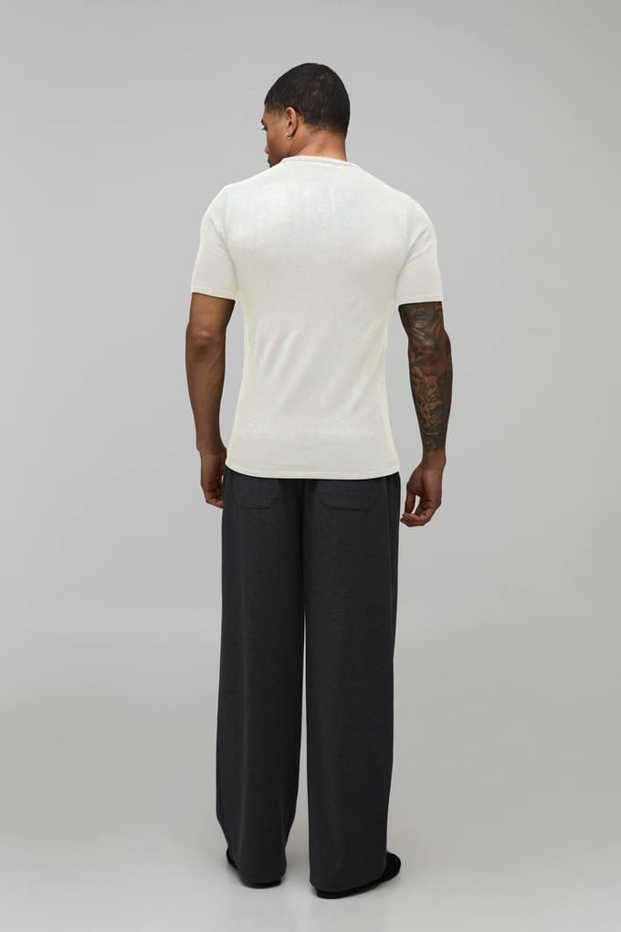 Essential Muscle Fit Soft Touch Knitted T-Shirt | Ecru | Size Small