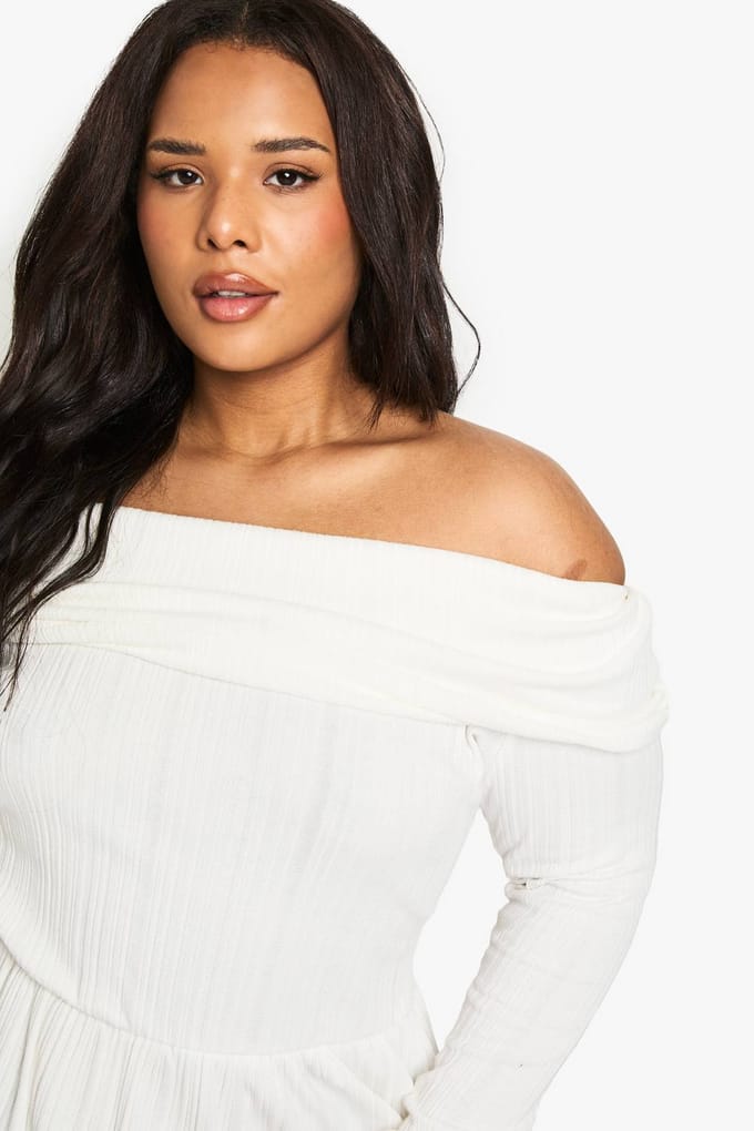 boohoo Dames Plus Cotton Rib Bardot Skater Jurk | Cream | Maat: 26
