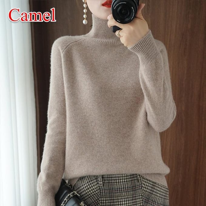 Pull en laine pure cachemire pour femme Pulls Pull Femme Automne Hiver Col Haut Tricot Pulls Col Roulé Pull XXL chameau