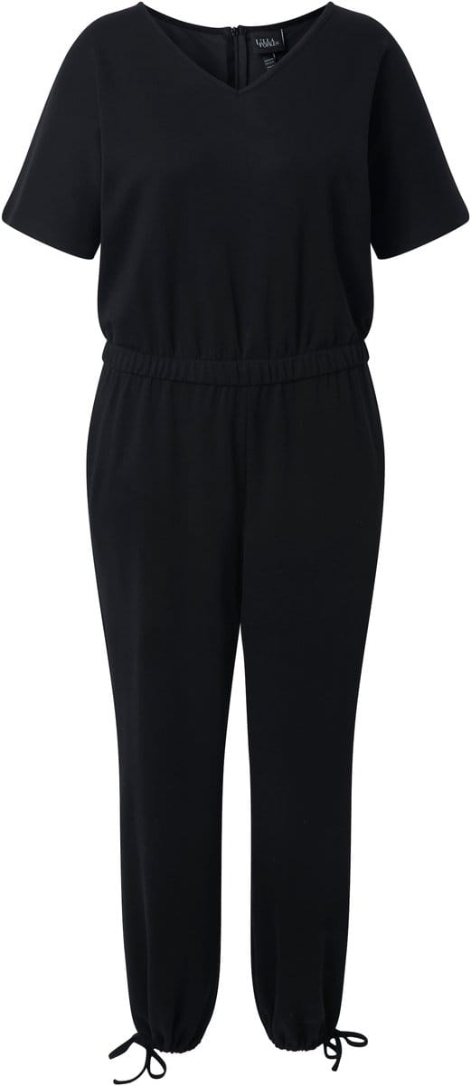 Ulla Popken - Dames - Jumpsuit V-hals elastische taille korte vleermuismouwen - Zwart - Maat 54