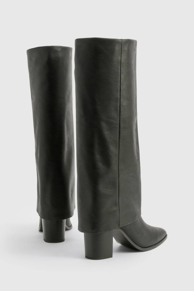 boohoo Dames Kniehoge laarzen met brede pasvorm, getextureerde foldover en gestapelde hak | Black | Maat: 4